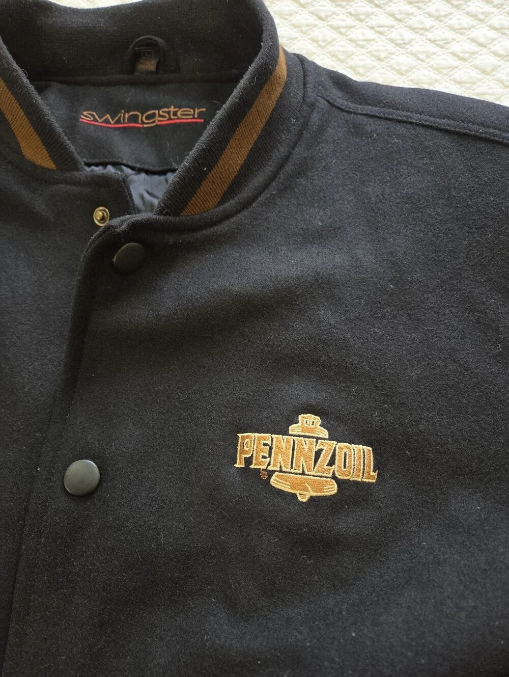 Swingster Penzoil Bomber Jacket Size Men's Large Black & Brown Suede Racing F1